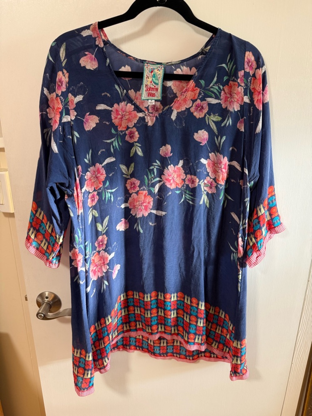 Johnny Was Navy Floral V-Neck Tunic with Pink Accents